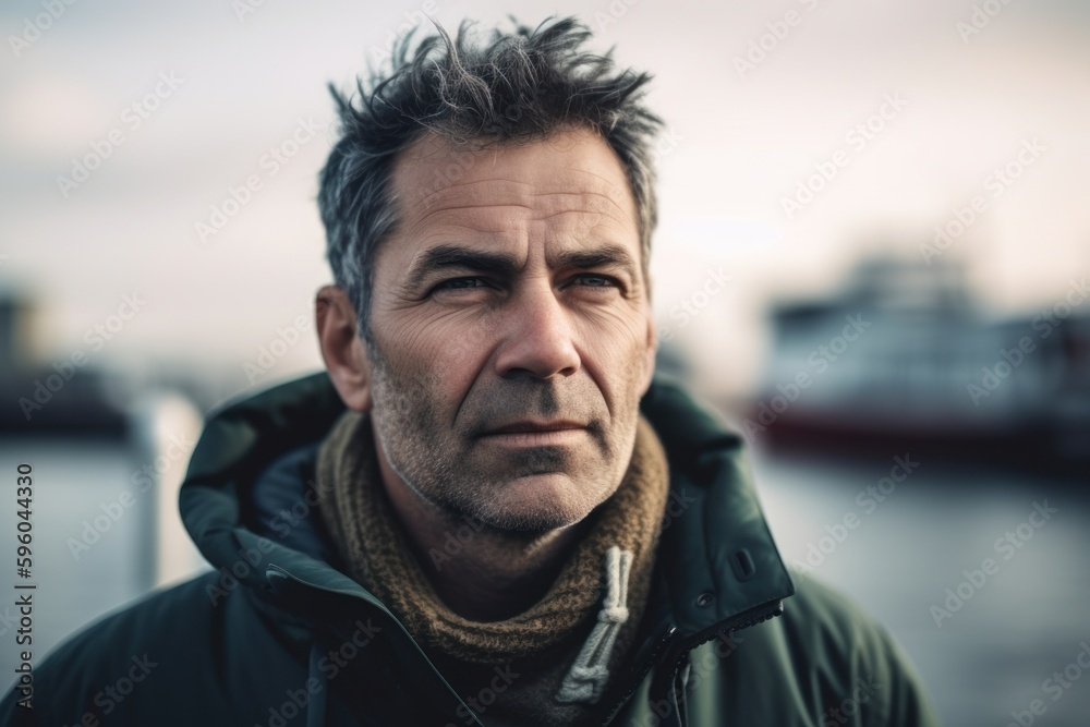 Fototapeta premium Portrait of a handsome middle-aged man with short hair, wearing a green jacket and a brown scarf, standing in front of a boat.