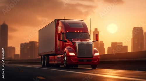 Morning Delivery: Red Cargo Truck on the City Highway. Ai generative