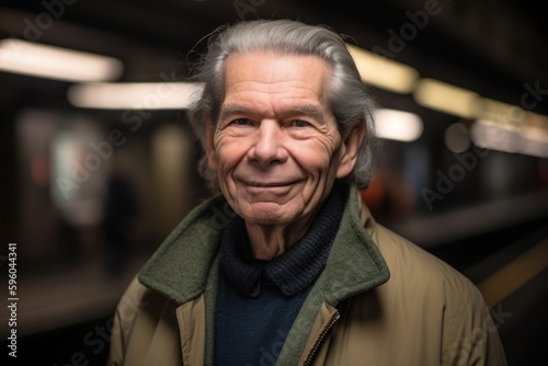 Portrait of a happy senior man at the subway station. Selective focus.