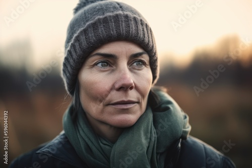 Portrait of a beautiful middle-aged woman in a hat and scarf.