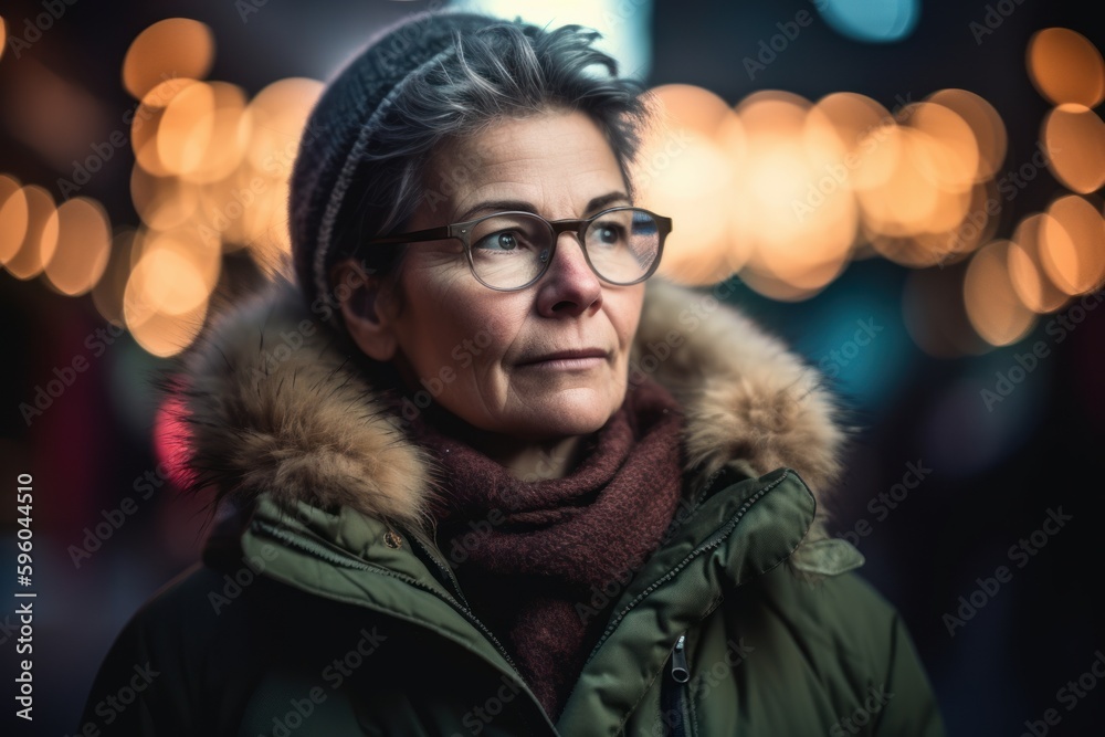 Portrait of senior woman with eyeglasses in city at night Portrait of senior woman with eyeglasses in city at night