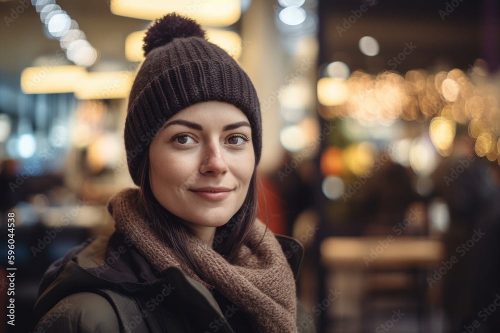 Portrait of a beautiful young woman in a hat and scarf in a cafe Portrait of a beautiful young woman in a hat and scarf in a cafe