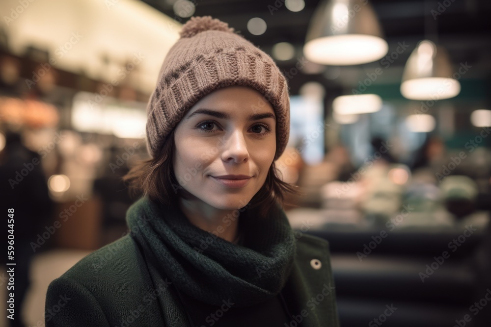 Portrait of a young beautiful woman in a green coat and a knitted hat in a cafe