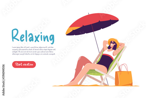 Young woman wearing hat and sunglasses sitting in lounge deck chair and relaxing Vector illustration