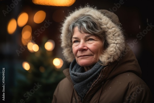 Portrait of an elderly woman on a background of Christmas lights.