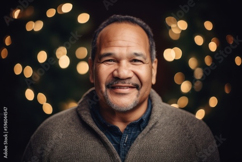 Portrait of a smiling mature man in a sweater against the background of a Christmas tree.