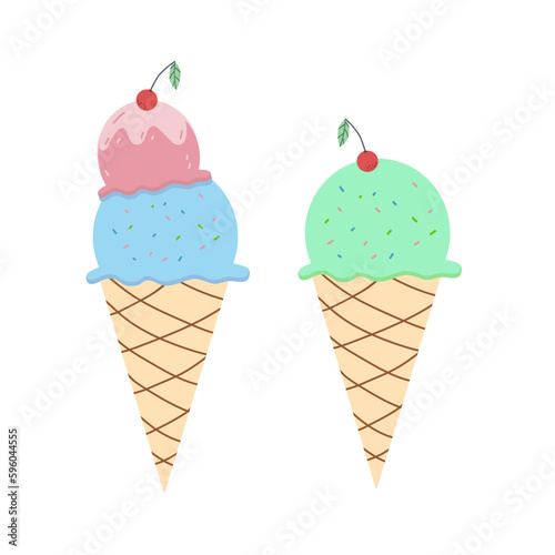 Vector illustration of ice cream in a waffle cone. The illustration is flat. Ice cream in pink and blue, green tones, highlighted on a white background.