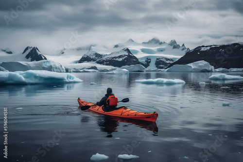 Kayaking between icebergs with inflatable kayak, extreme adventure, beautiful pristine landscape, sea water paddling activity