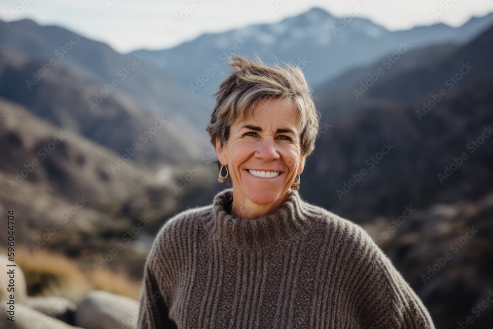 Portrait of a beautiful middle aged woman smiling in the mountains.