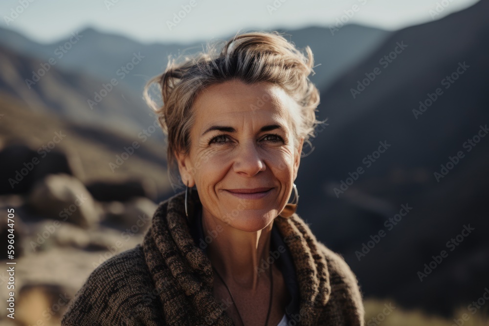 Portrait of a middle-aged woman in the mountains. She is smiling and looking at the camera. Portrait of a middle-aged woman in the mountains. She is smiling and looking at the camera.
