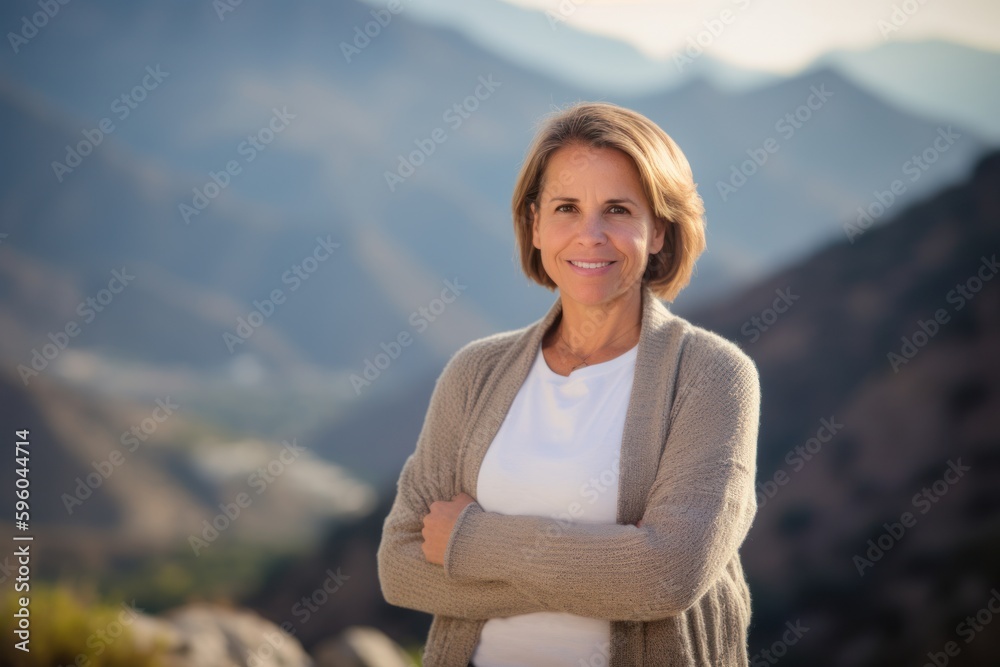 Portrait of smiling senior woman standing with arms crossed against mountain range