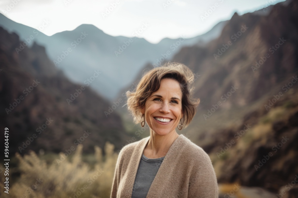 Portrait of smiling mature woman standing in the middle of the mountains