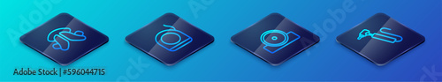 Set Isometric line Otolaryngological head reflector, Dental tooth plate, Tooth drill and floss icon. Vector
