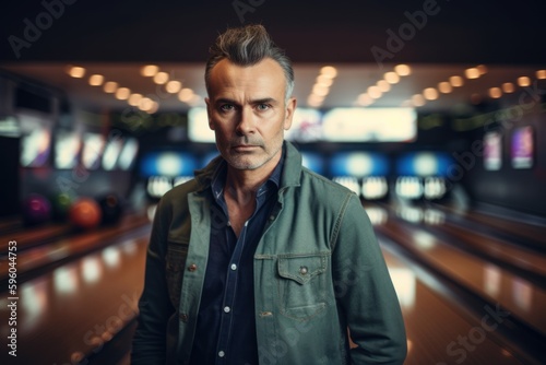 Portrait of middle-aged man in casual clothes at bowling alley