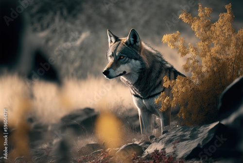 Wild wolf on the background of nature. Created with Generative AI technology. wilderness