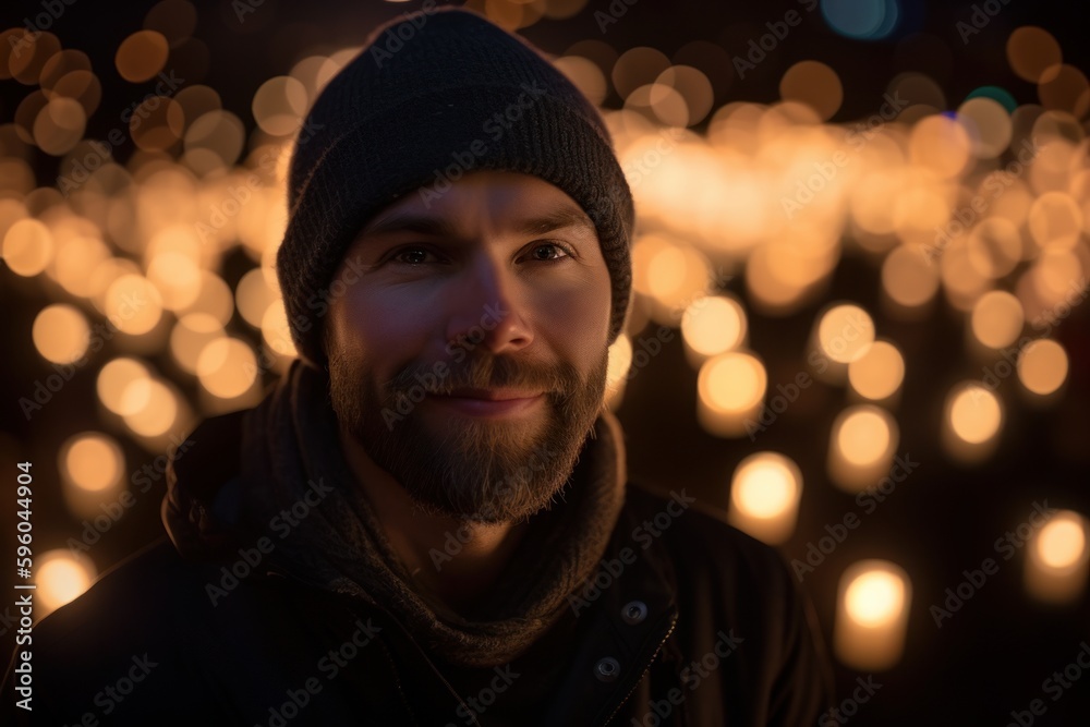 Portrait of a handsome young man with a beard in a black hat on a background of Christmas lights Portrait of a handsome young man with a beard in a black hat on a background of Christmas lights