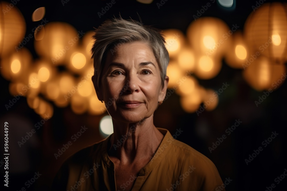 Portrait of a beautiful senior woman in a dark room with lanterns Portrait of a beautiful senior woman in a dark room with lanterns