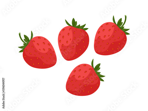 Fresh strawberries in flat vector illustration. Sweet natural healthy strawberries isolated on white background. Set of red ripe or mellow berry. Vector illustration