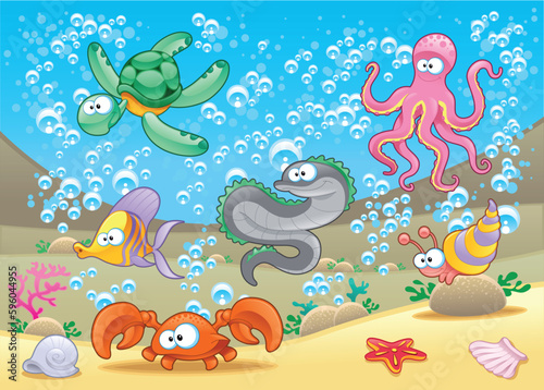 Family of marine animals in the sea - funny cartoon and vector characters with background