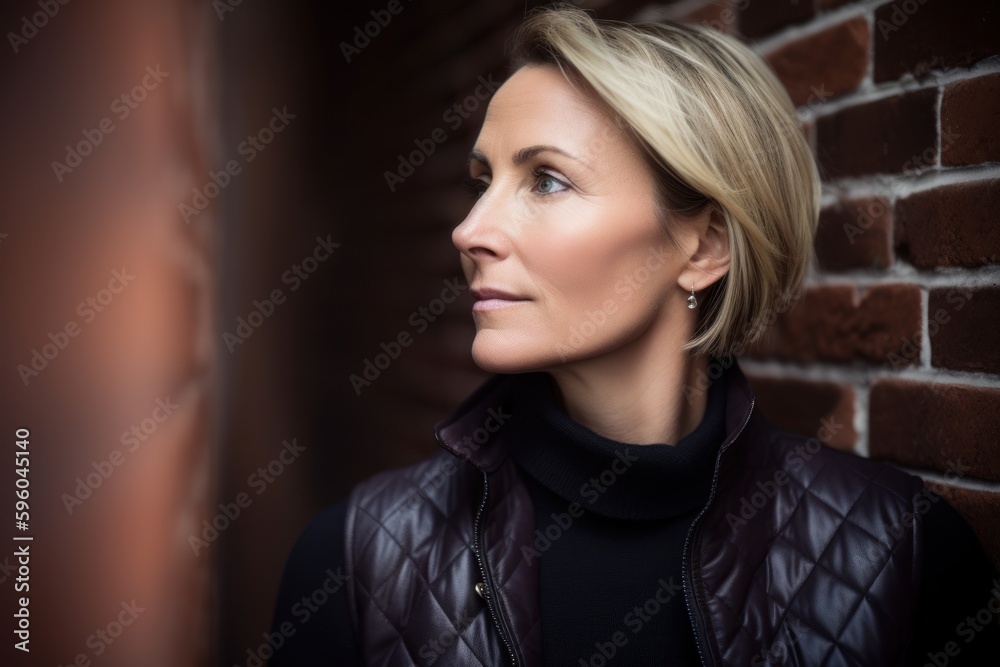 Portrait of a beautiful woman in leather jacket looking away against brick wall