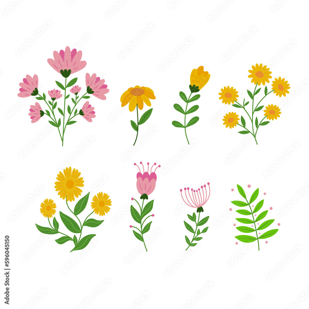 Fototapeta premium Flower collection with leaves, flower bouquets. Vector flowers. Spring art print with botanical elements