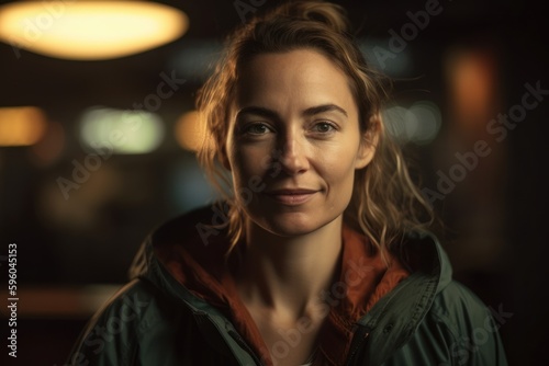 Portrait of a beautiful young woman in a cafe at night.