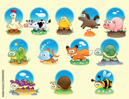 Cartoon animals and pets. Funny vector characters with background
