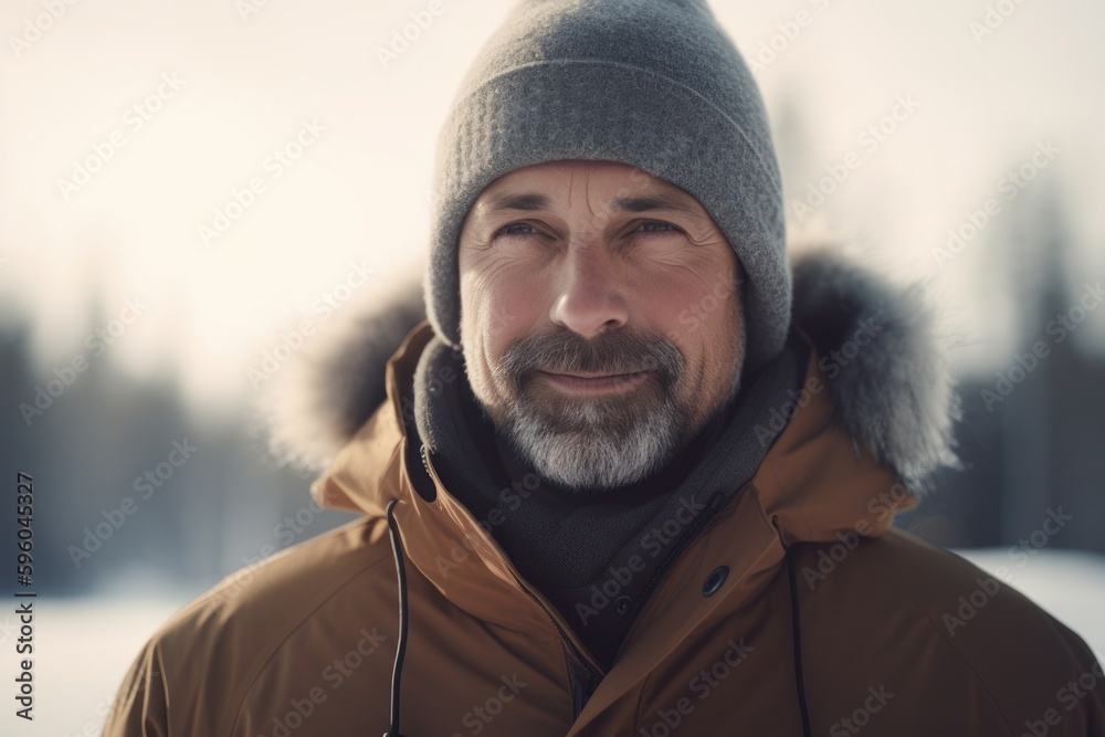 portrait of a mature man in a warm jacket and hat on the background of winter forest portrait of a mature man in a warm jacket and hat on the background of winter forest