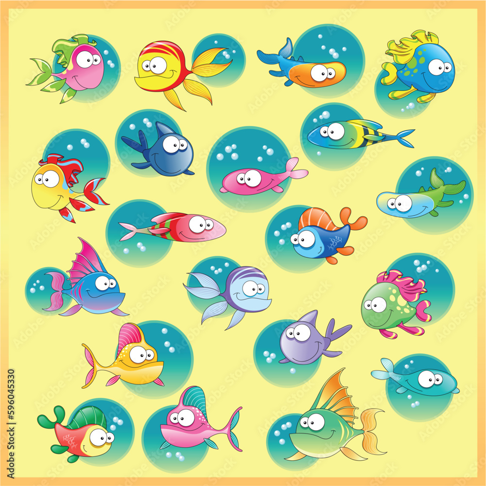 Fototapeta premium Family of fish with background. Funny cartoon and vector illustration