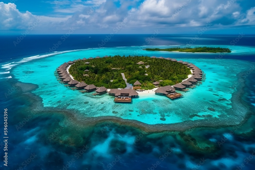 Overwater villas on tropical atoll island for holidays vacation travel and honeymoon. Luxury resort hotel in Maldives or Caribbean with turquoise sea water. Drone aerial view