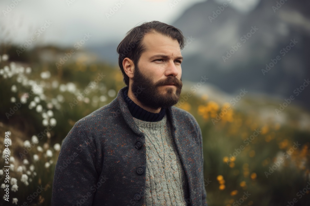 Portrait of a handsome bearded man in the mountains. Men's beauty, fashion.
