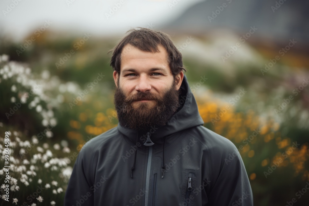 Portrait of a bearded man with a beard in the field of flowers Portrait of a bearded man with a beard in the field of flowers