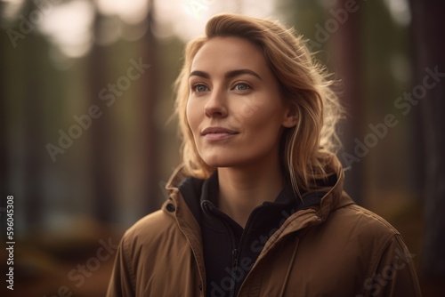 Portrait of beautiful young blonde woman in brown coat looking away.