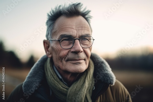 Portrait of an elderly man with glasses on the background of nature