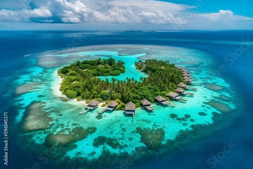 Overwater villas on tropical atoll island for holidays vacation travel and honeymoon. Luxury resort hotel in Maldives or Caribbean with turquoise sea water. Drone aerial view