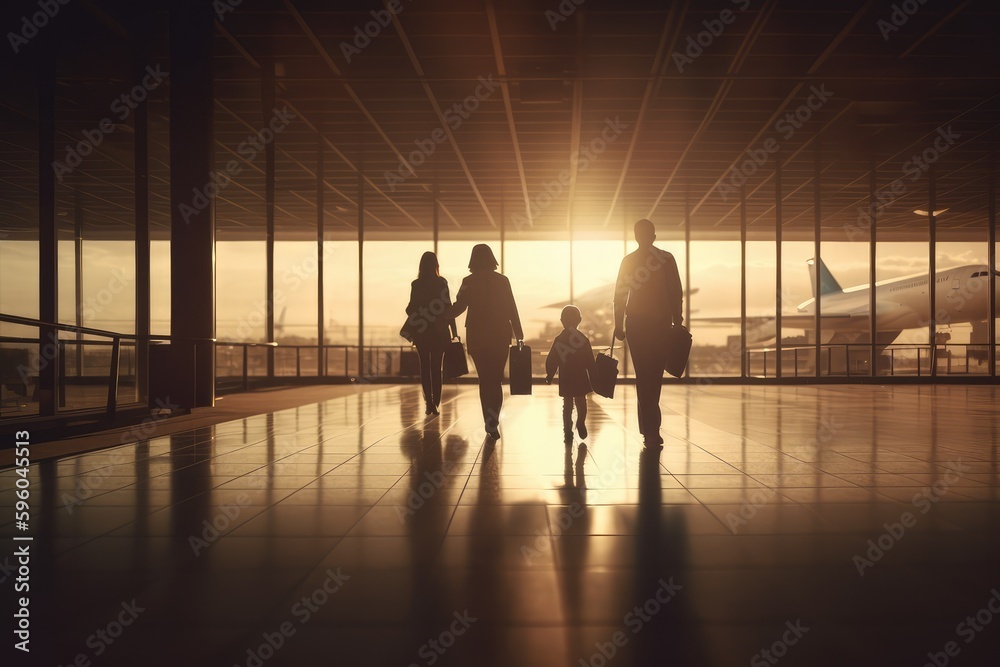 family silhouette walking through airport at sunset Generative AI