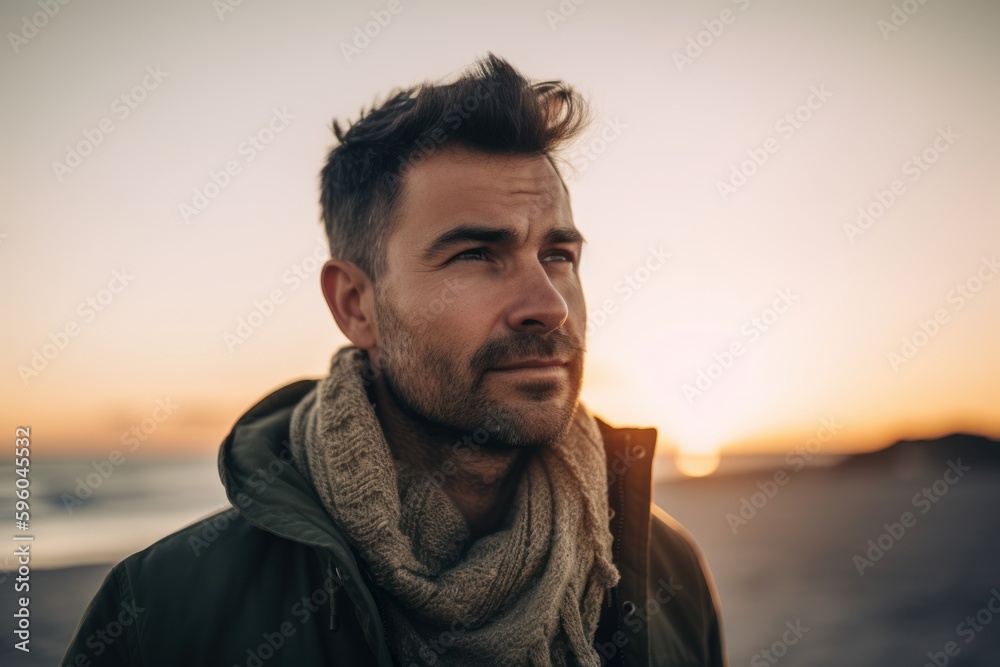 Portrait of a handsome young man in a coat and scarf at sunset on the beach Portrait of a handsome young man in a coat and scarf at sunset on the beach