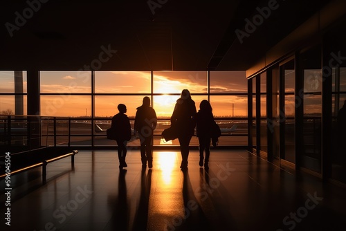 family silhouette walking through airport at sunset Generative AI
