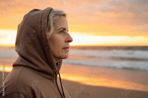 Side view of senior woman in hood looking away on beach at sunset