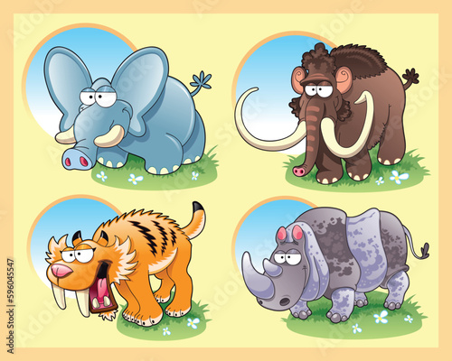 Fototapeta Naklejka Na Ścianę i Meble -  prehistoric animals with background, cartoon and vector characters