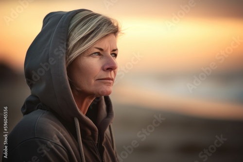 Portrait of a middle-aged woman in a hood on the beach