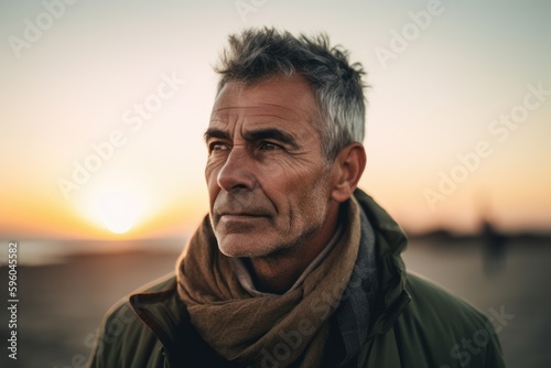 Portrait of mature man with gray hair looking away while standing outdoors at sunset