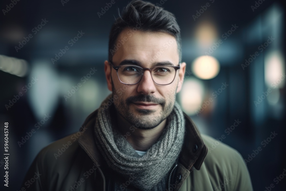 Portrait of a handsome young man wearing glasses and a warm scarf