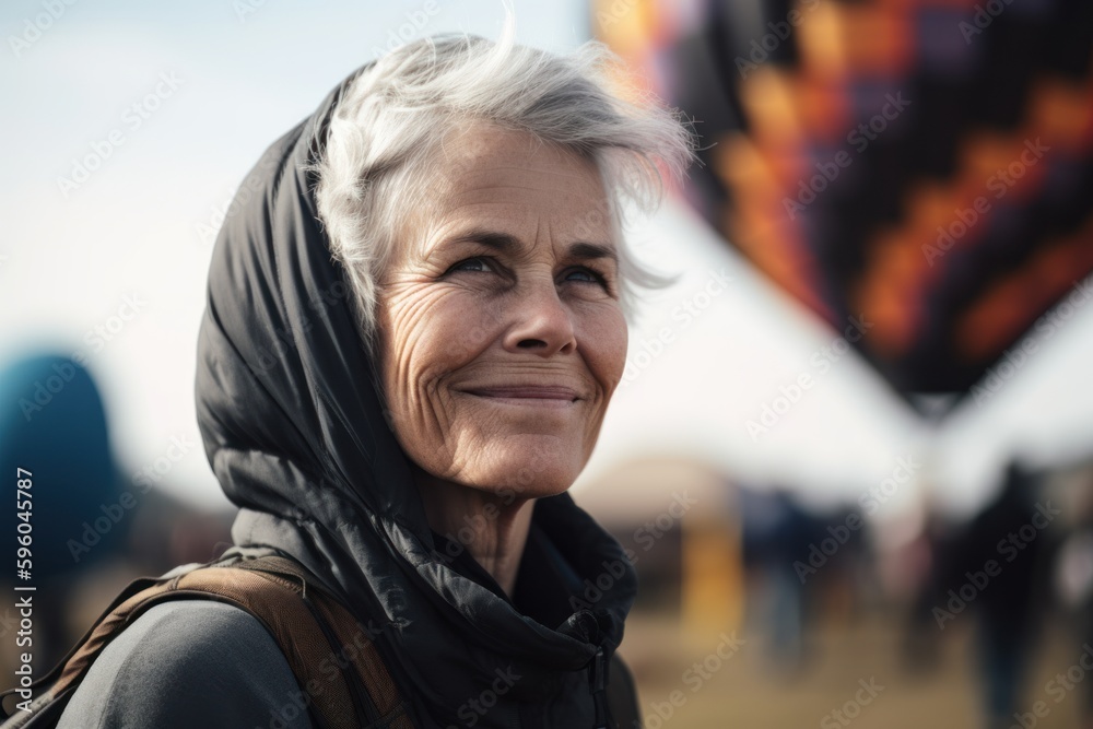 Portrait of smiling senior woman with backpack at hot air balloon festival