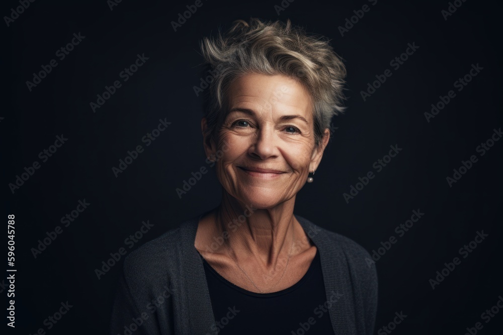 Portrait of a smiling senior woman with short hair. Isolated on black background.