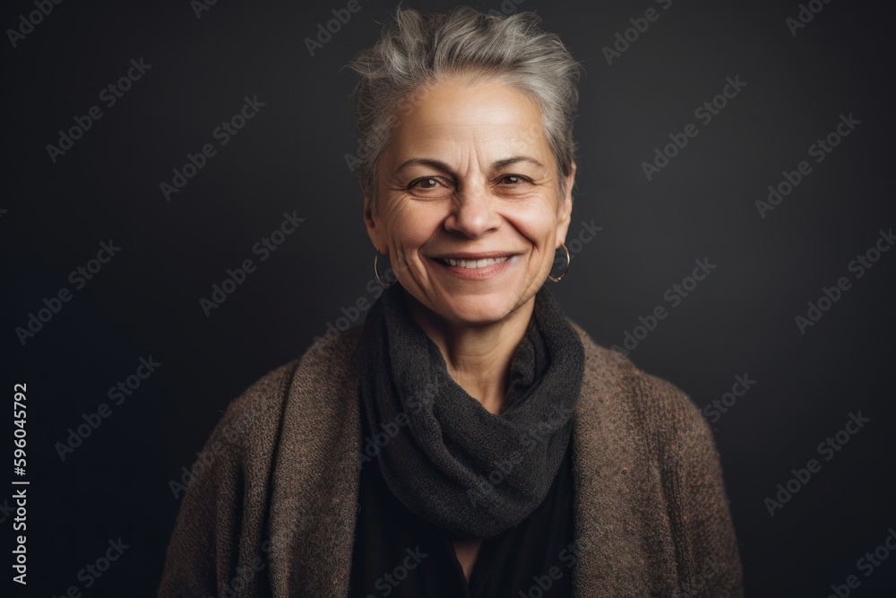 Portrait of smiling senior woman with grey hair and scarf on black background Portrait of smiling senior woman with grey hair and scarf on black background