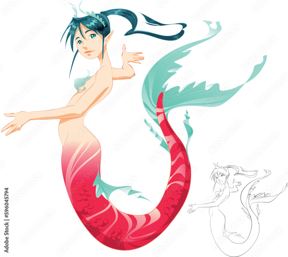 Mermaid (color and Black/White lines) - cartoon and vector mythologycal character Mermaid (color and Black/White lines) - cartoon and vector mythologycal character