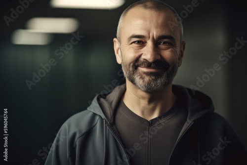 Portrait of a smiling middle-aged man in a dark room