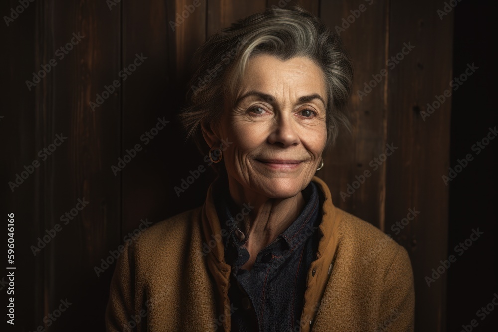 Portrait of a smiling senior woman in front of a wooden wall Portrait of a smiling senior woman in front of a wooden wall