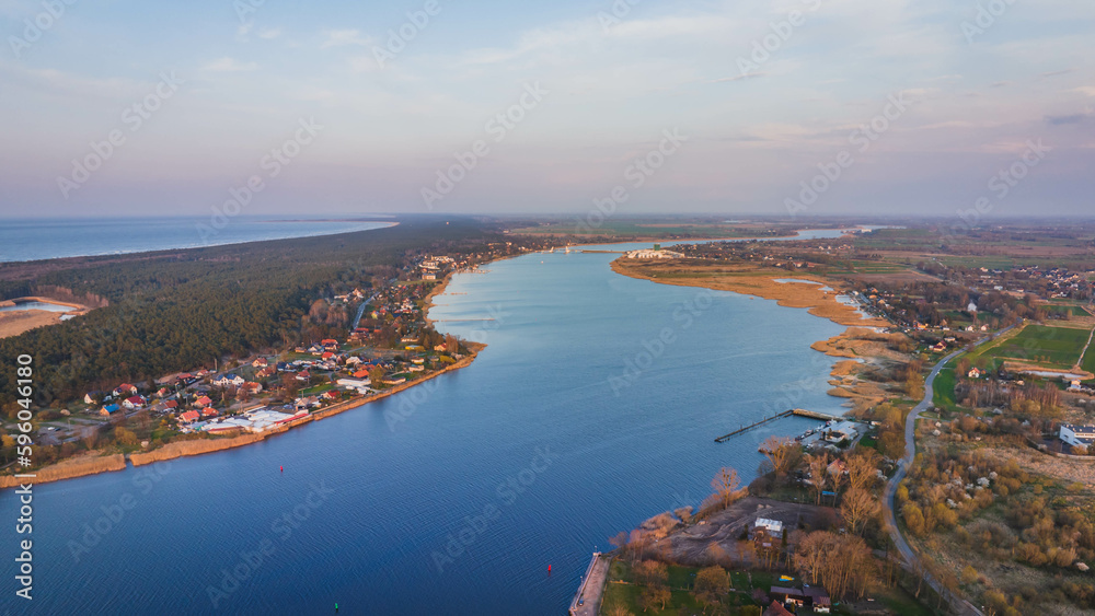 Górki Wschodnie, Sobieszewska Island and the Vistula River seen from a drone on an early spring day.

